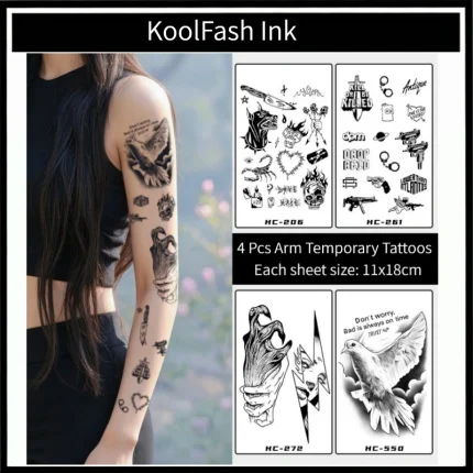 4-Pack Punk Black White Fake Tattoos, Removable Temporary Tattoo Stickers for Party & Daily Use