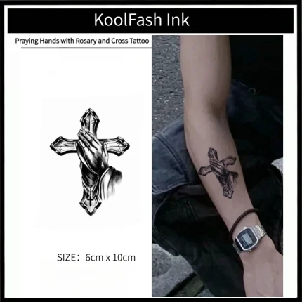 Praying Hands Rosary Fake Tattoo, Black Religious Pattern Body Stickers