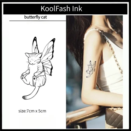 Butterfly cat temporary tattoo, waterproof body art sticker