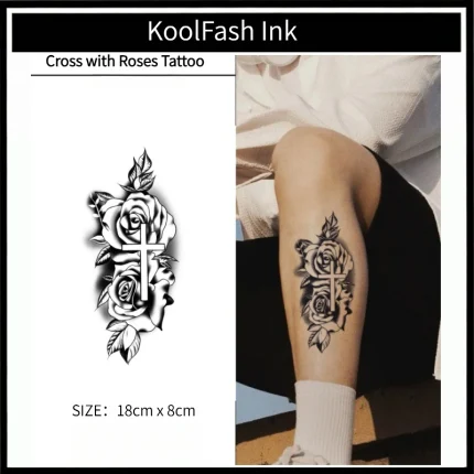 Cross & Roses Fake Tattoo, Floral Religious Ink Stickers by Koolfash