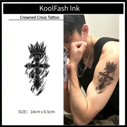 Koolfash Crowned Cross Temporary Tattoo Sticker, Religious Ink Body Art