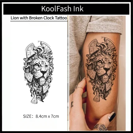 Lion with Broken Clock Temporary Tattoo