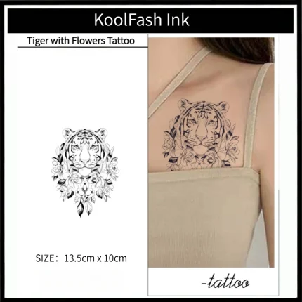 Tiger with Roses Temporary Tattoo