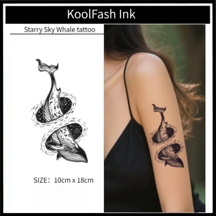 Starry sky whale temporary tattoo sticker, waterproof body art