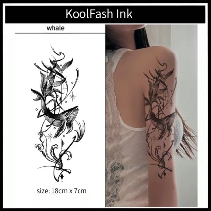 Artistic abstract ocean line design with whale temporary tattoo