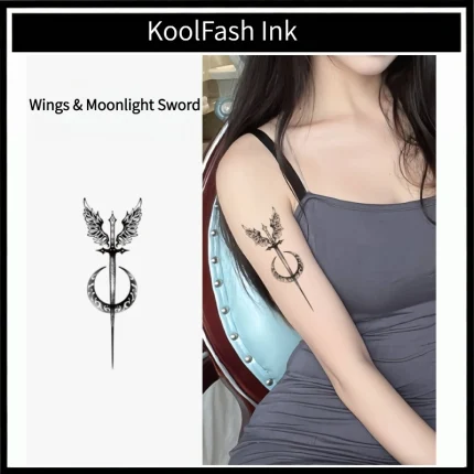 Stylish tattoo featuring sword, wings and moonlight elements