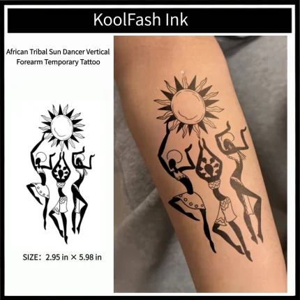 African tribal sun dancer disposable temporary tattoo sticker, vertical forearm size black ink tribal art fake body tattoo