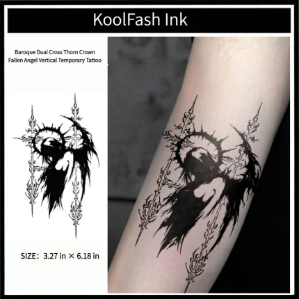 Baroque dual cross thorn crown fallen angel disposable temporary tattoo sticker, vertical forearm fake body tattoo