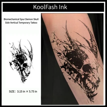 Biomechanical spur demon skull disposable temporary tattoo sticker, side vertical forearm fake body tattoo