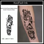 Black ink swirl flame goddess disposable temporary tattoo sticker, vertical forearm fake body tattoo