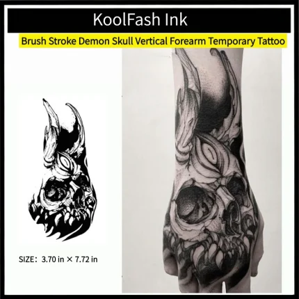 Brush stroke demon skull disposable temporary tattoo sticker, vertical forearm fake body tattoo