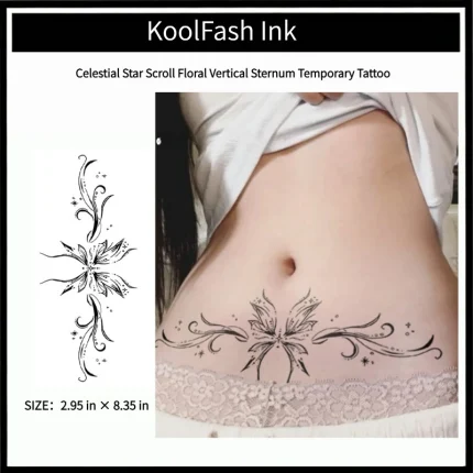 Celestial star scroll floral disposable temporary tattoo sticker, vertical sternum fake body tattoo