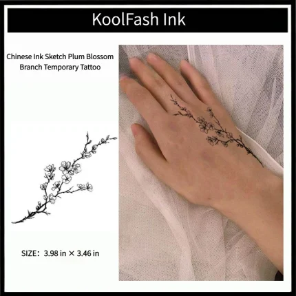 Chinese ink sketch plum blossom branch disposable temporary tattoo sticker, vertical forearm fake body tattoo