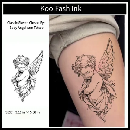 Classic sketch closed-eye baby angel disposable temporary tattoo sticker, vertical forearm fake body tattoo