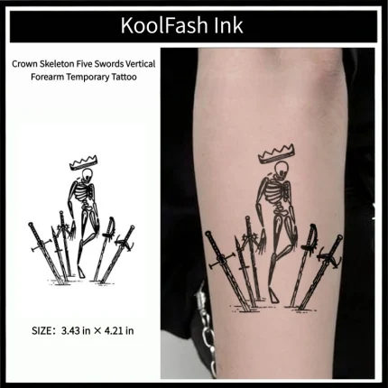 Crown skeleton five swords disposable temporary tattoo sticker, vertical forearm fake body tattoo