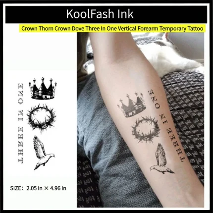 Crown, thorn crown & dove three-in-one disposable temporary tattoo sticker, vertical forearm fake body tattoo