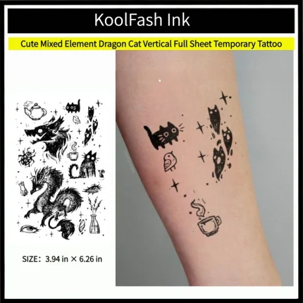 Cute mixed element dragon cat disposable temporary tattoo sticker, vertical full sheet fake body tattoo