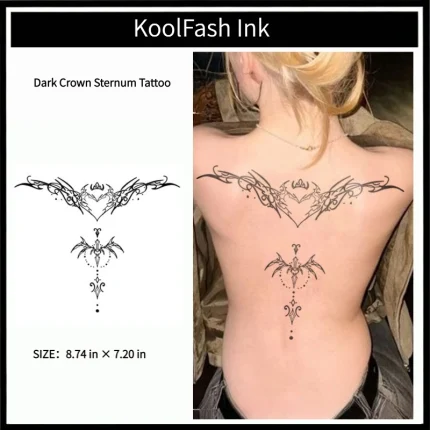 Dark crown disposable temporary tattoo sticker, vertical sternum fake body tattoo