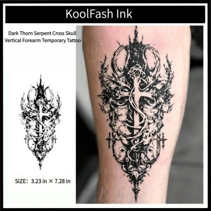 Dark thorn serpent cross skull disposable temporary tattoo sticker, vertical forearm fake body tattoo