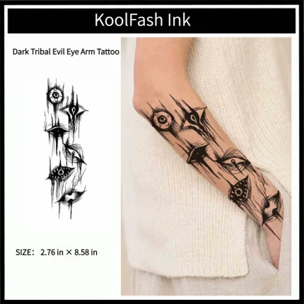 Dark tribal evil eye disposable temporary tattoo sticker, vertical forearm fake body tattoo