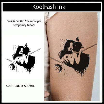 Devil cat girl chain couple disposable temporary tattoo sticker, vertical forearm fake body tattoo