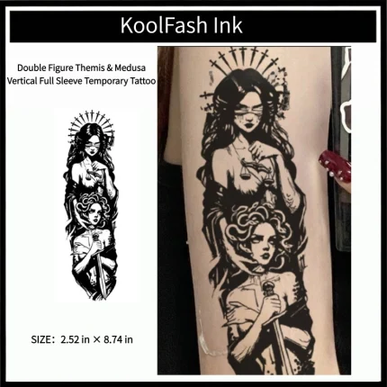 Double figure themis medusa disposable temporary tattoo sticker, vertical full sleeve fake body tattoo
