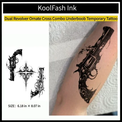 Dual revolver ornate cross combo underboob disposable temporary tattoo sticker, chest fake body tattoo