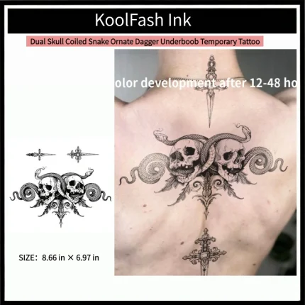 Dual skull coiled snake ornate dagger underboob disposable temporary tattoo sticker, under breast fake body tattoo