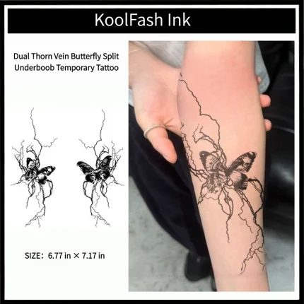 Dual thorn vein butterfly split underboob disposable temporary tattoo sticker, under breast fake body tattoo