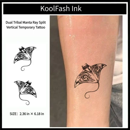 Dual tribal manta ray split vertical disposable temporary tattoo sticker, forearm fake body tattoo