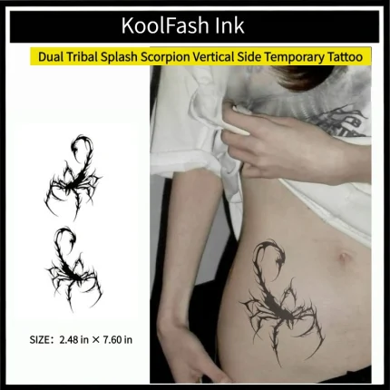 Dual tribal splash scorpion vertical side disposable temporary tattoo sticker, body side fake tattoo