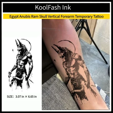 Egypt anubis ram skull disposable temporary tattoo sticker, vertical forearm fake body tattoo