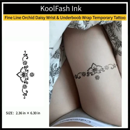 Fine line orchid daisy disposable temporary tattoo sticker, wrap design for wrist & underboob fake body tattoo