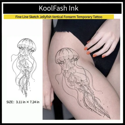 Fine line sketch jellyfish disposable temporary tattoo sticker, vertical forearm fake body tattoo