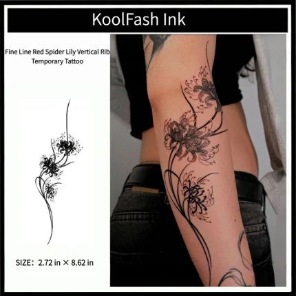 Fine line spider lily disposable temporary tattoo sticker, vertical rib side fake body tattoo