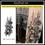 Gothic castle all-seeing eye skull angel disposable temporary tattoo sticker, vertical full sleeve fake body tattoo