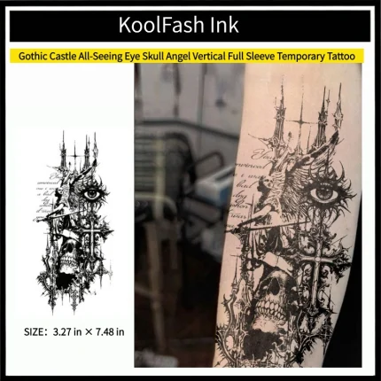 Gothic castle all-seeing eye skull angel disposable temporary tattoo sticker, vertical full sleeve fake body tattoo