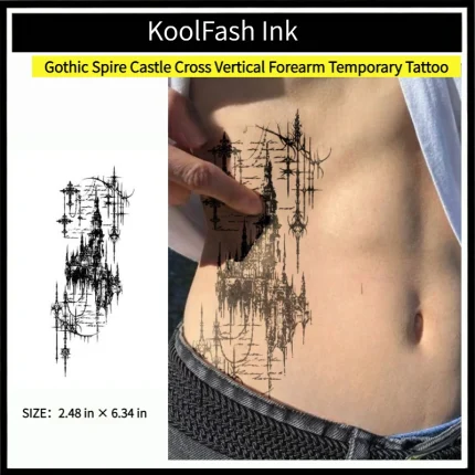 Gothic spire castle cross disposable temporary tattoo sticker, vertical forearm fake body tattoo