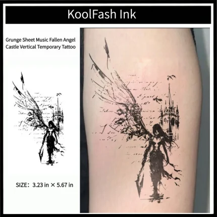 Grunge sheet music fallen angel castle disposable temporary tattoo sticker, vertical forearm fake body tattoo