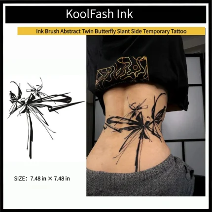 Ink brush abstract twin butterfly disposable temporary tattoo sticker, slant side body fake tattoo