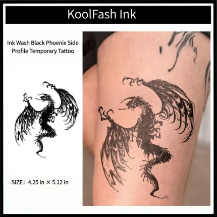 Ink wash black phoenix side profile disposable temporary tattoo sticker, torso side fake body tattoo