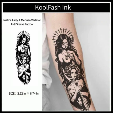 Justice lady medusa disposable temporary tattoo sticker, vertical forearm fake body tattoo