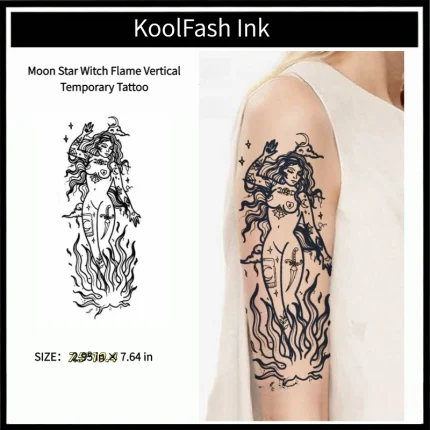 Moon star witch flame disposable temporary tattoo sticker, vertical forearm fake tattoo