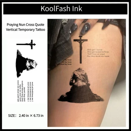 Praying nun cross quote disposable temporary tattoo sticker, vertical forearm fake body tattoo