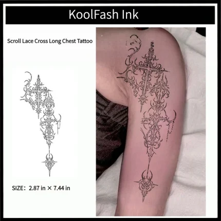 Scroll lace cross long chest disposable temporary tattoo sticker