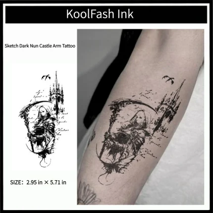 Sketch dark nun castle arm disposable temporary tattoo sticker