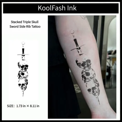 Stacked triple skull sword side rib disposable temporary tattoo sticker