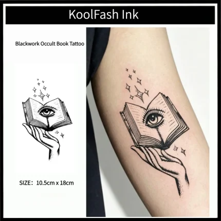Blackwork Occult Book Temporary Tattoo Sticker, Gothic Magic Fake Tattoo
