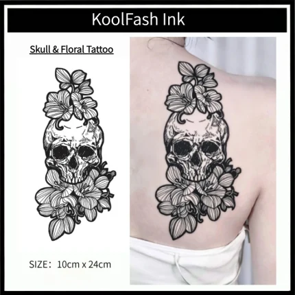 Blackwork Skull Temporary Tattoo Sticker, Gothic Skeleton Fake Tattoo