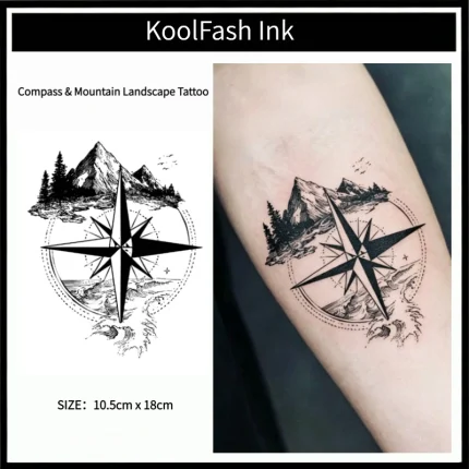 Compass Mountain Landscape Temporary Tattoo Sticker, Hiking Nature Fake Tattoo